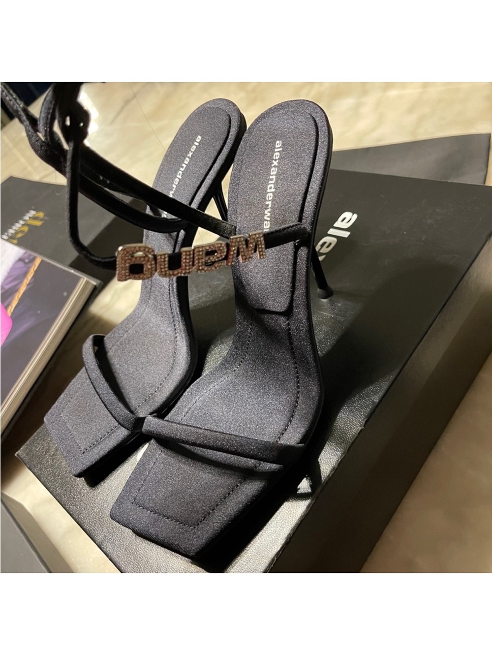 Alexander Wang Black Rhinestone Logo Strap Heeled Sandals